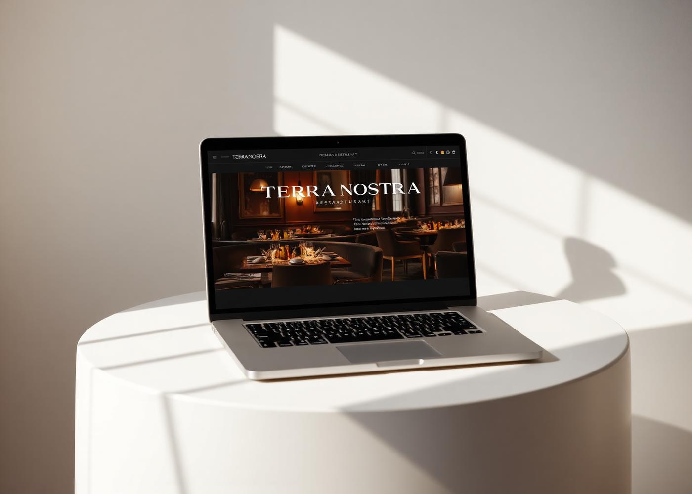 Site premium do restaurante Terra Nostra exibido em um notebook sobre pedestal claro